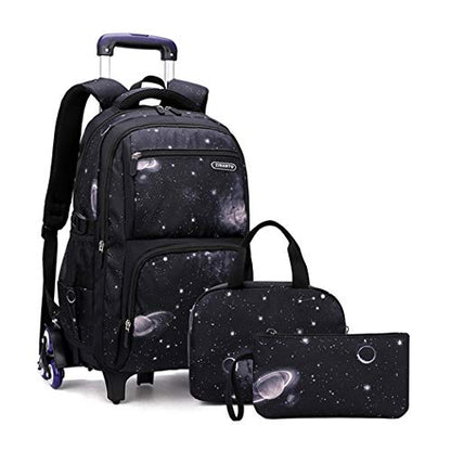 3Pcs Galaxy Boys Rolling Backpack Set with Lunch Bag, Galaxy Print Kids Backpack for Boys with Wheels - color: 3pcs-galaxy-black