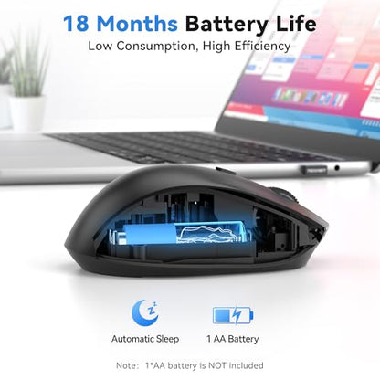 TECKNET Wireless Mouse for Laptop, Dual-Mode Bluetooth Wireless Mouse | (BT5.2/3.0 & 2.4G) Connection, Ergonomic Design, 5-Level DPI, Silent Click, Compatible with Laptop/PC/Windows/Chromebook - color: Black