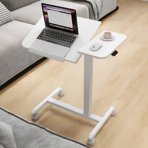 PUNCIA 28" Overbed Table with Split Tilting Desktop,Pneumatic C Table,White | Mobile Laptop Desk for Bedside, Height Adjustable End Table with Wheels, Computer Cart for Home Sofa Office & Hospital Use - color: White