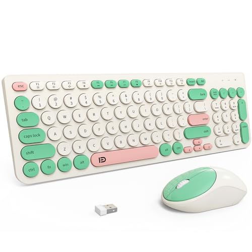 FD Wireless Keyboards and Mouse Combo - 2.4GHz USB Cordless, Cute Wireless Keyboard Round Keys, Quiet and Slim Set for Laptop, Computer, TV and Mac - Milky White Green Colorful - color: IK6632 Milky White Green Colorful