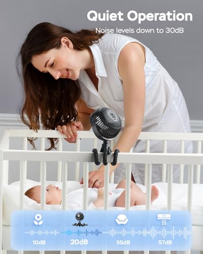 AMACOOL Baby Stroller Fan - 5000mAh Rechargeable, 3-Speed, Strong Yet Quiet, 360°Rotate Portable Clip on Fan for Travel, Car Seat, Crib, Bike, Treadmill, Beach Vacation Essentials - color: Black