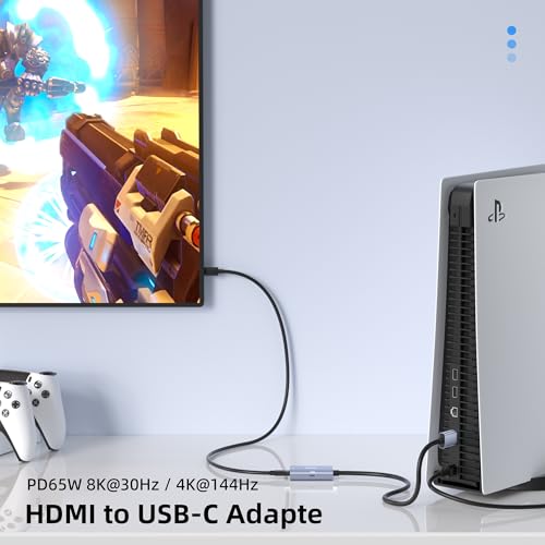 HDMI 2.1 to USB-C Adapter 8K@30Hz,PD 65W,0.5m,for PS5,Xbox,AR Glasses | 8K@30Hz 4K@144Hz, Aluminum Shell, for Xreal, Air Pro, RayNeo, Rokid, Switch, Xbox, PS4/5, Portable Monitors
