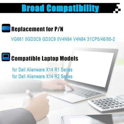 VG661 Laptop Battery Replacement for Dell Alienware X14 R1 / Alienware X14 R2 Series 0GD3C9 GD3C9 0V4N84 V4N84 31CP5/46/95-2 80.5Wh 6709mAh 6-Cell 11.4V