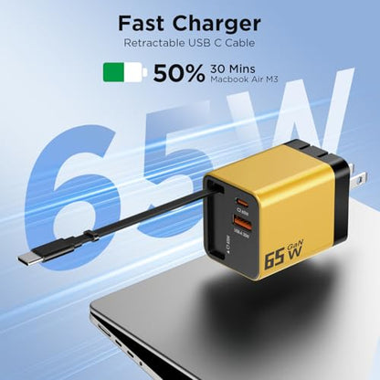 65W GaN USB C Charger with Retractable Charging Cable, 3-Port Power Adapter | Fast travel charger for MacBook, iPhone 17 16 15, Samsung Galaxy S25/S24, iPad, multi port compact wall charging block,Yellow - color: Yellow