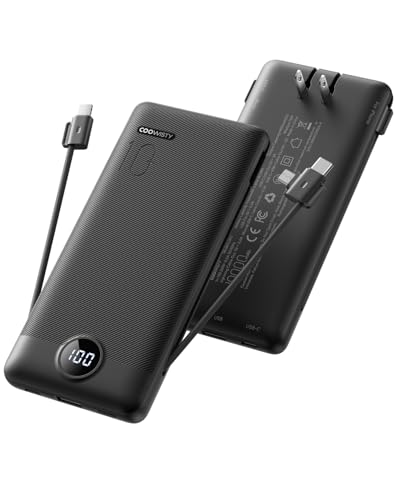 Portable Charger with Wall Plug, Slim USB C Power Bank with Built-in Cables, 10000mah LED Display External Battery Pack Compatible with iPhone/Android & More (Black) - color: Black