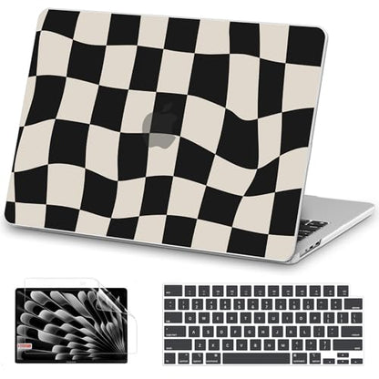 AKIT for MacBook Air 13 inch Case M5 M4 M3 M2 2026-2022, Black Checkboard | A3449 A3240 A3113 A2681, Funny Pattern Hard Shell Laptop Case+Screen Protector+Keyboard Cover for MacBook Air 13.6 inch - color: Black Checkboard