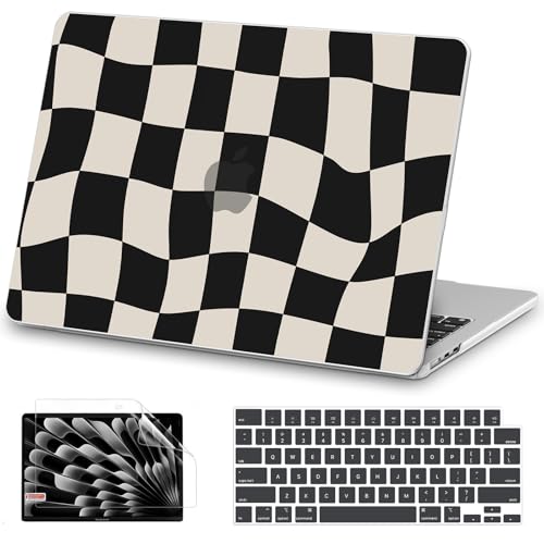 AKIT for MacBook Air 13 inch Case M5 M4 M3 M2 2026-2022, Black Checkboard | A3449 A3240 A3113 A2681, Funny Pattern Hard Shell Laptop Case+Screen Protector+Keyboard Cover for MacBook Air 13.6 inch - color: Black Checkboard