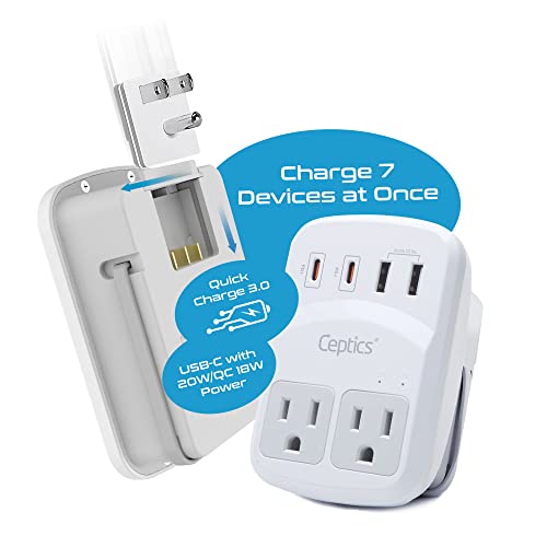 Ceptics World Travel Adapter Kit 2 USB-A, USB-C US Outlets, 20W/QC 18W Power Delivery, Surge Protection, SWADAPT Compatible for Europe, UK, China, Australia, Japan Perfect Laptop (WPS-5B) - color: white
