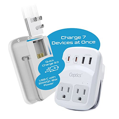 Ceptics World Travel Adapter Kit 2 USB-A, USB-C US Outlets, 20W/QC 18W Power Delivery, Surge Protection, SWADAPT Compatible for Europe, UK, China, Australia, Japan Perfect Laptop (WPS-5B) - color: white