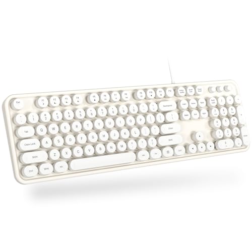 MOWUX Computer Keyboard Wired, Plug and Play USB Retro Round Typewriter Keyboard, Full Size Wired Keyboard with Foldable Stands for Laptop and Office PC- White - color: White
