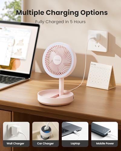 Gaiatop Foldable Desk Fan with Night Light, 6.8in Portable Travel Fan | 6000mAh Battery Powered Fan, USB Rechargeable, Bedroom Office Camping Travel & Cruise Essentials, Gifts for Women Teens, Pink - color: Pink