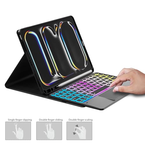 SNOODU for 2024 iPad Pro 11 inch (M4) Trackpad Keyboard Case: 3 Zone 7 Colors Backlit Detachable Keyboard with Touchpad for iPad Pro 11" M4 2024, Wireless Keyboard Folio Book Cover with Pencil Holder