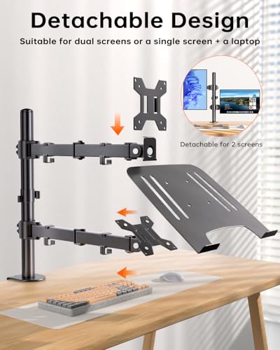 Dual Monitor and Laptop Stand for 13-32 Inch Screens & 11-17 Inch Laptop, Full Motion Dual Monitor Arm Desk Mount with Removable Laptop Tray, Supports Up to 18 lbs/Arm, C-Clamp, VESA 75x75/100x100mm - size: Laptop & Monitor Stand