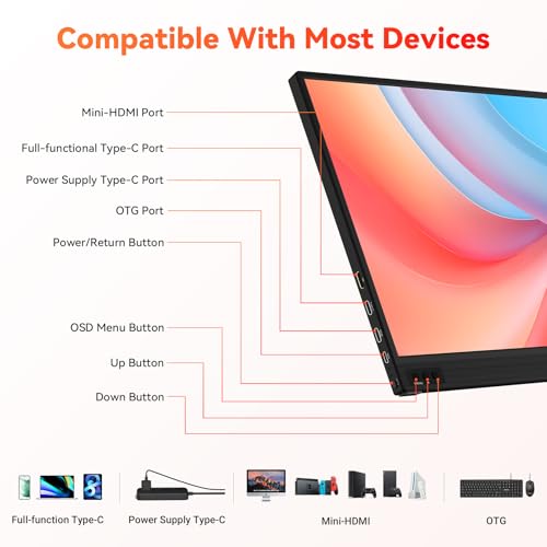 HotYeah Portable Laptop Monitor, 15.6" 1080P FHD USB-C HDMI Travel Monitor | FreeSync IPS External Computer Screen w/Kickstand, Extra External Display for Laptop PC Mac Phone Tablet Switch Xbox PS5 - size: 15.6"