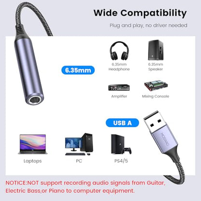 MOSWAG USB to 1/4 Jack Audio Adapter with External Sound Card | USB to 6.35mm Female Headphone Aux Adapter, For Laptop, PC, Amplifier, Speaker, 6.35mm Headphone NOT for Recording and Mic