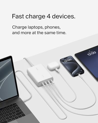 Belkin 200W 4-Port GaN USB C Charger Block, Fast Charging for MacBook | Multi-Port PD 3.1 Charger, 5ft Power Cord, iPhone 17, Air, iPad, Samsung Galaxy S26, Google Pixel 10 - color: White