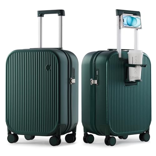 mixi Carry On Luggage with Cup Phone Holder Hard Shell Rolling Travel Suitcases with Spinner Wheels,20 Inch Blackish Green - color: Blackish Green, size: 20-inch