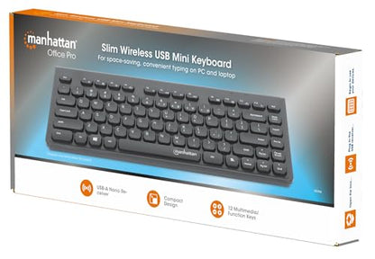 MANHATTAN Slim Wireless USB Mini Keyboard - Compact, Quiet, and Comfortable Typing Experience with Multimedia Function Keys for PC and Laptop - 180764