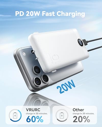 VRURC 10000mAh Portable Phone Charger, Built-in AC Plug & Cables, White | 22.5W fast charging, LED display, built-in Micro/USB-C/Phone cables, airline approved travel accessory,8 oz - color: White