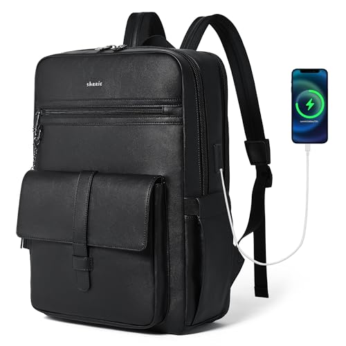 16 inch Vegan Leather Laptop Backpack with USB Charger | Smart Computer Backpack For Men and Women,Back Pocket Convert Luggage Sleeve,20L Large Capacity,Business Work Office College - color: Two-toned Black