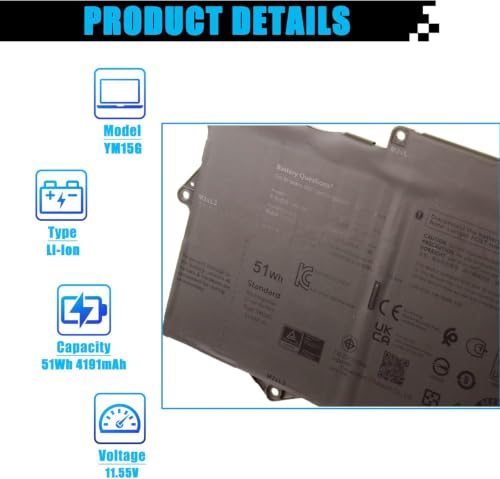 YM15G Laptop Battery Replacement for Dell XPS 13 9315 Series (Not Replacement for 9315 2-in-1) 0YM15G 0W6D4H 0G9FHC 51Wh 11.55V 4191mAh - size: 9.93*3.34*0.23 inch YM15G