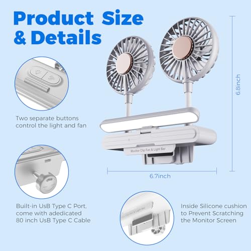 Clip Fan USB-Powered Cooling Fan with LED Light Bar Glacier Silver | Space-Saving Personal fan for Monitor/Laptop/Flat/Bedside/Bookshelf/Music Stand/Reading Stand - color: Glacier Silver
