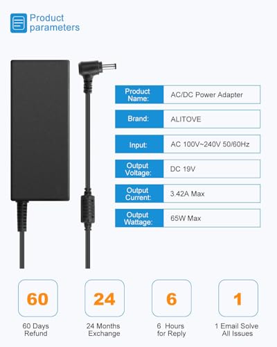 ALITOVE 19V Power Supply Adapter 3.42A 65W AC/DC Converter Transformer 100V~240V AC Input with 5.5mmx 2.5mm Plug for LCD LED Monitor, HDTV, 3D Widescreen, Bluetooth Speaker, Printers, Audio Amplifier