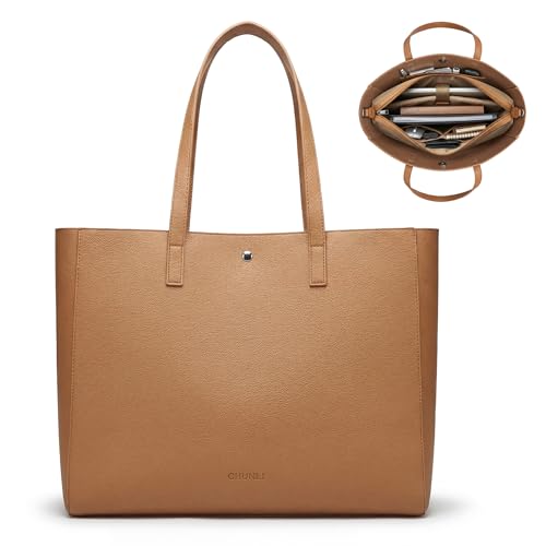 CHUNLI Laptop Tote Bag for Women 15.6 Inch, Quilted Work Shoulder Bag with Multiple Pockets & Luggage Strap for Office Travel - color: Brown
