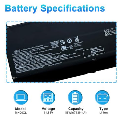 MN06XL Laptop Battery Replacement for Hp ZBook Studio G9 62U44EA 6W3L4PA 734Y9PA 62U27EA 62U49EA Series Laptop M82220-1C1 M82230-005 MN06XL TPN-IB0M Battery 11.58V 86Wh 7130mAh - size: 11.78*4.09*0.32inch MN06XL