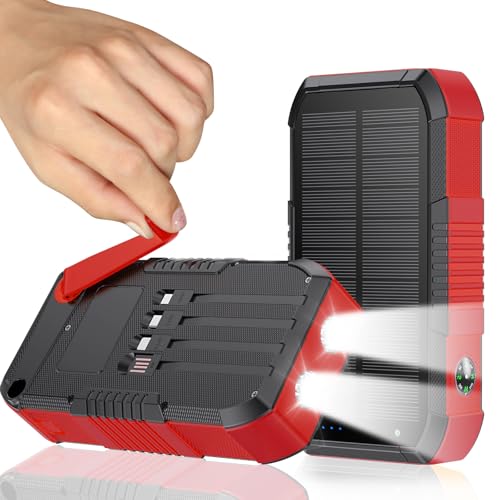 Solar Power Bank 66800mAh Built in Hand Crank and 4 Cables 22.5W Fast Charge,Camping Essentials/SOS/Strobe/Strong Flashlights,Compass Solar Portable Charger Power Bank (Red) - color: red