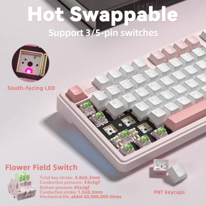 LINGBAO K108 Pro Wireless Mechanical Pink Creamy Keyboard with Number Pad | Full Size Mechanical Keyboard with 10000mAh Battery, PBT Keycaps, Gasket Mount, RGB Backlit Hot-swap Custom Keyboard for PC - color: White & Pink