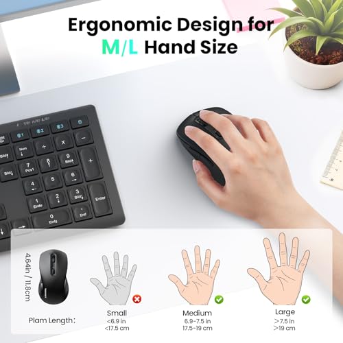 TECKNET Rechargeable Bluetooth Mouse, [ USB + BT5.0 + BT3.0 ] Wireless Mouse, Ergonomic Design, Silent Click, 6-Level 4800 DPI Wireless Mice, 3-Device Switching for Laptop, Computer, MacBook（Black） - color: Black