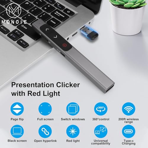 LaserClass 2 Safe Red Laser (≤1mW) Pointer Remote for Keynote, Laptops, and Google Slides — Supports Hyperlinks (Gray Pen/Red/USB Interface)
