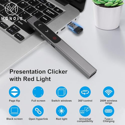 LaserClass 2 Safe Red Laser (≤1mW) Pointer Remote for Keynote, Laptops, and Google Slides — Supports Hyperlinks (Gray Pen/Red/USB Interface)
