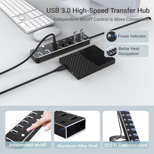 USB 3.0 Hub 7 Port USB Hub with 2ft Long Cable Aluminum USB Hub for Laptop and PC with Individual On/Off Switch and LED Indicator - color: Silver