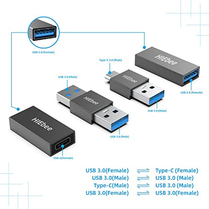 HIEbee USB 3.0 A to A Male Adapter, USB Female to Female, USB Type-C to USB A Male, USB 3.0 Female to USB C Female Connector Compatible with Hard Drive, Laptop etc