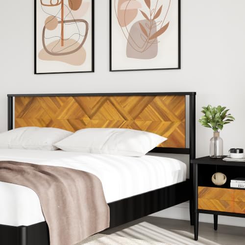 Howizz Lenia Queen Size Solid Wood Bed Frame with Headboard, Mid Century Modern Rustic Farmhouse Style, Chevron Diamond Pattern, Solid Acacia Wood Platform Bed, Queen Size, Teak Brown Black - color: Teak Brown, size: Queen Bed Frame