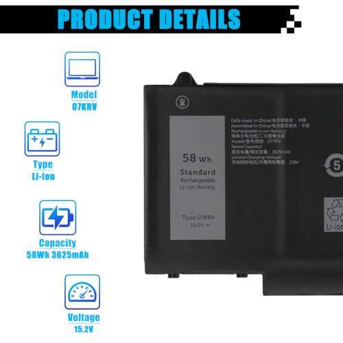 07KRV Laptop Battery Replacement for Dell Latitude 5430 5530 Precision 3570 P104F P104F005 P137G P137G004 Series M69D0 H4PVC 0H4PVC Y86WG 0Y86WG 08WRCR 078FWY 4FVJG O7KRV 15.2V 58Wh 3625mAh - size: 9.52*3.52*0.22 inch 07KRV