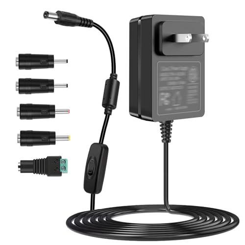 12V 2A Power Supply Adapter with On Off Switch, DC in 12V Power Cord, AC 100-240V 50-60Hz 24W 12 Volt Converter, for LED Light Strip DVD Player Keyboard Router CCTV Camera Hard Drive.