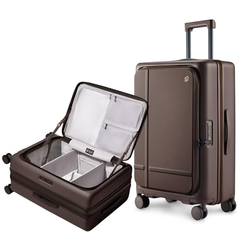 NINETYGO Medium Checked Luggage 25 Inch, Flat Top Opening Check In Luggage with Cup Holder, Expandable, Coffee-Infused PC Hard Shell, Eco-Friendly, TSA Lock, 360° Spinner Wheels (Americano) - color: 01-Dark Chocolate Americano, size: Checked 25-Inch (Top