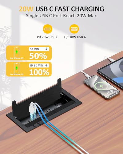 3Pack Conference Table Power Hub, Outlet Multimedia Connectivity Box with 1 HDMI + 1 RJ45 + 20W USB C + 2 USB A + 2 AC Outlets, Heavy Duty Metal Table Top Box for Countertop Office UL Listed - color: 3PCS 6FT HDMI Black