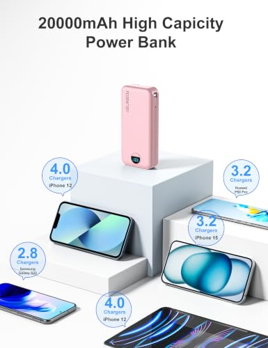 20000mAh Ultra Portable Charger Power Bank with inBuilt Cables&AC Wall Plug | PD20W USB-C Fast Charging Cell Phone Charger Battery Pack,LED Display Travel Battery Bank for All iPhone,Samsung,Android - color: Pink-20Ah
