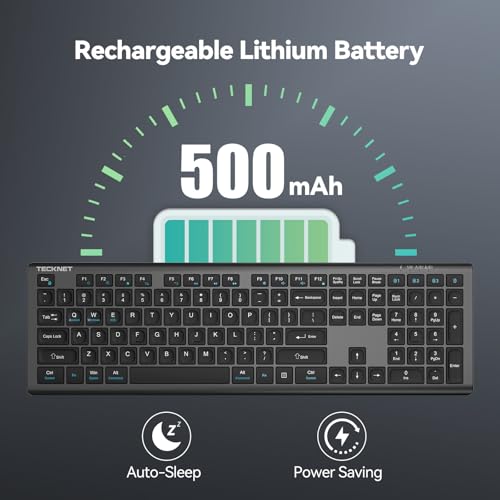 TECKNET Bluetooth Keyboard Rechargeable 4-Device (2.4G+BT) | Multi-device Free Switching, Ultra-Slim, Numeric Keypad, Quiet Full Size Wireless Keyboard for PC/Laptop/Smart TV/Phone - color: Black&Grey