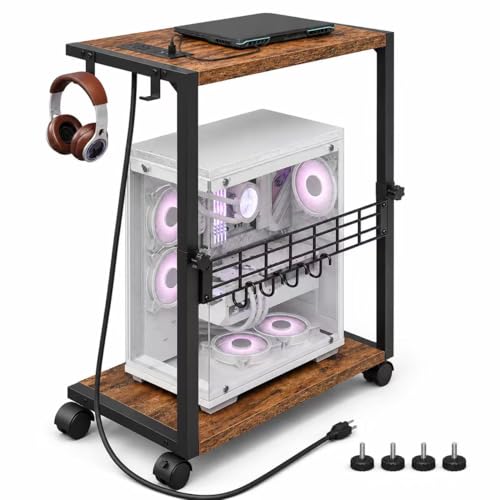 PC Stand with Charging Station, Height Adjustable Computer Tower Stand, 19.7"-31.5" H, Computer Cart with Wheels and Hooks, CPU Holder for Floor, Carpet and Under Desk, Rustic Brown - color: Rustic Brown