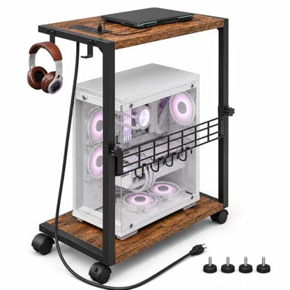 PC Stand with Charging Station, Height Adjustable Computer Tower Stand, 19.7"-31.5" H, Computer Cart with Wheels and Hooks, CPU Holder for Floor, Carpet and Under Desk, Rustic Brown - color: Rustic Brown