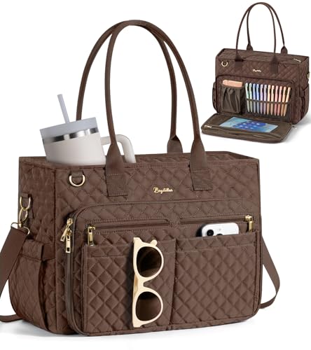 Bagstellar Teacher Tote Bag for Women, 15.6" Laptop Work Tote Computer Bag | Quilted Bible Nurse Bag with 40oz Cup Holder, Insulated Pocket & Strap, Large Laptop Briefcase for School Travel Office Gifts - color: Chocolate