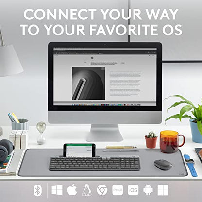 Logitech K585 Slim Wireless Keyboard with Built-in Phone Cradle - Graphite | Bluetooth with included USB receiver, connects 2 devices, cradle can hold smartphone or tablet up to 10 in. in landscape mode - color: Graphite
