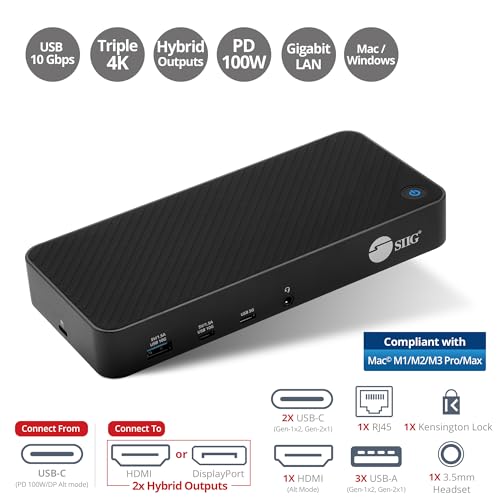 SIIG DisplayLink USB-C Dock, Triple 4K60Hz, 100W PD, JU-DK0P11-S1 | Run three 4K60Hz displays or one 5K60Hz display through DisplayLink; 100W PD, USB and Gigabit Ethernet expand laptops. - style: Triple 4K Display