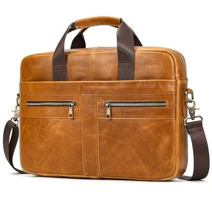 Leather Laptop Bag for Men Briefcase Fits 15.6 Inch Notebook Portable Shoulder Messenger Crossbody Bag for Travel Office - color: 16yellow Brown