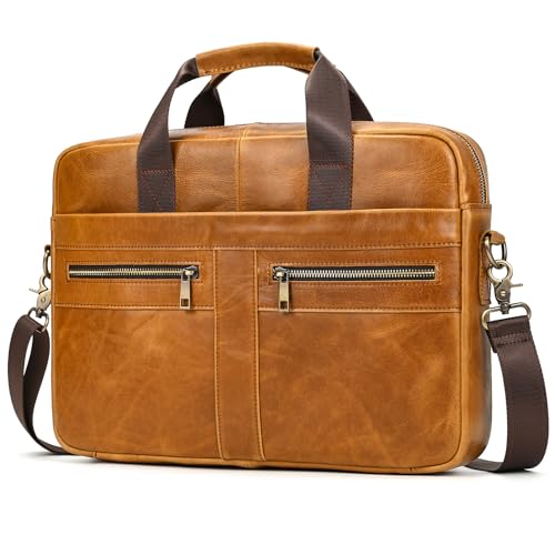 Leather Laptop Bag for Men Briefcase Fits 15.6 Inch Notebook Portable Shoulder Messenger Crossbody Bag for Travel Office - color: 16yellow Brown